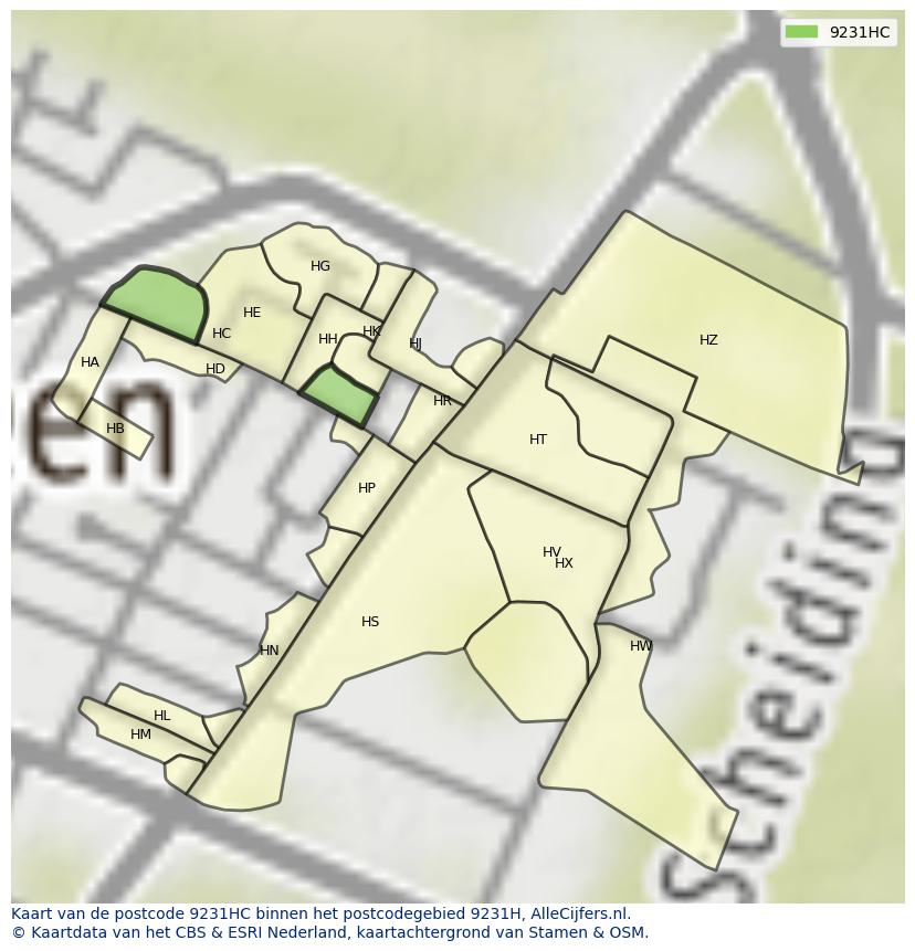 Afbeelding van het postcodegebied 9231 HC op de kaart.