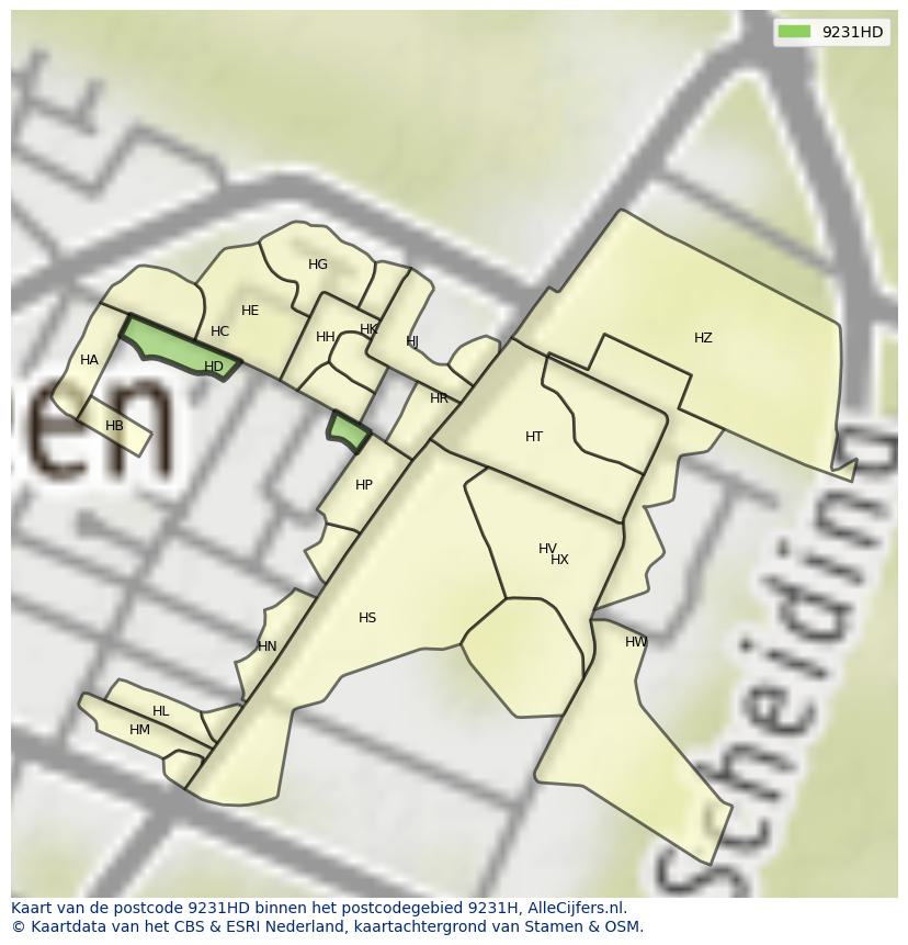 Afbeelding van het postcodegebied 9231 HD op de kaart.