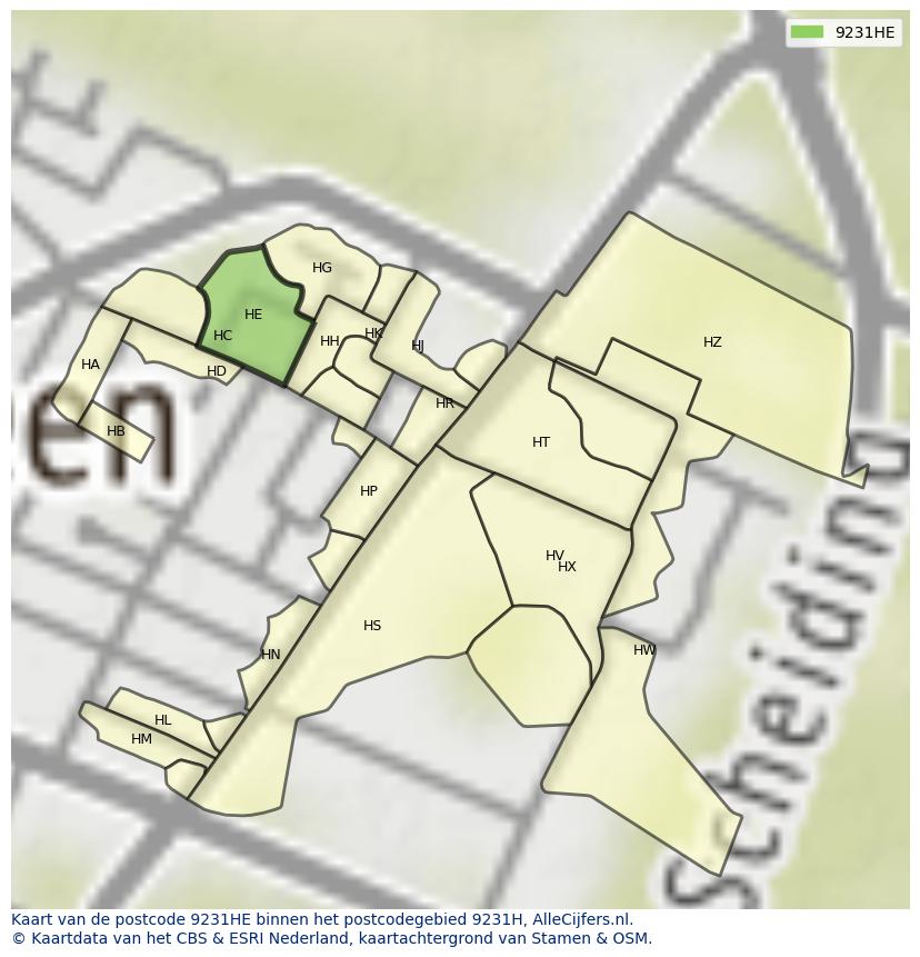 Afbeelding van het postcodegebied 9231 HE op de kaart.