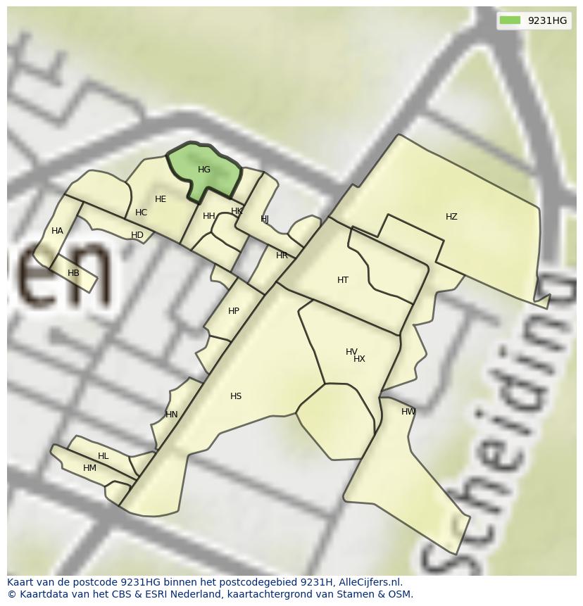 Afbeelding van het postcodegebied 9231 HG op de kaart.
