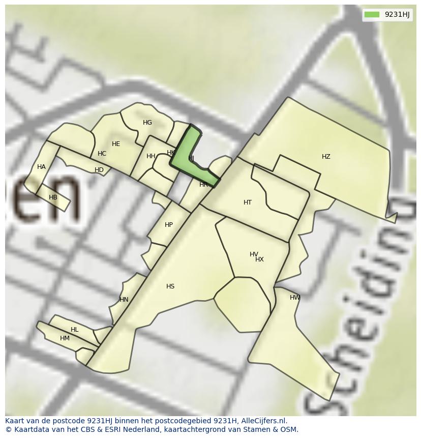 Afbeelding van het postcodegebied 9231 HJ op de kaart.