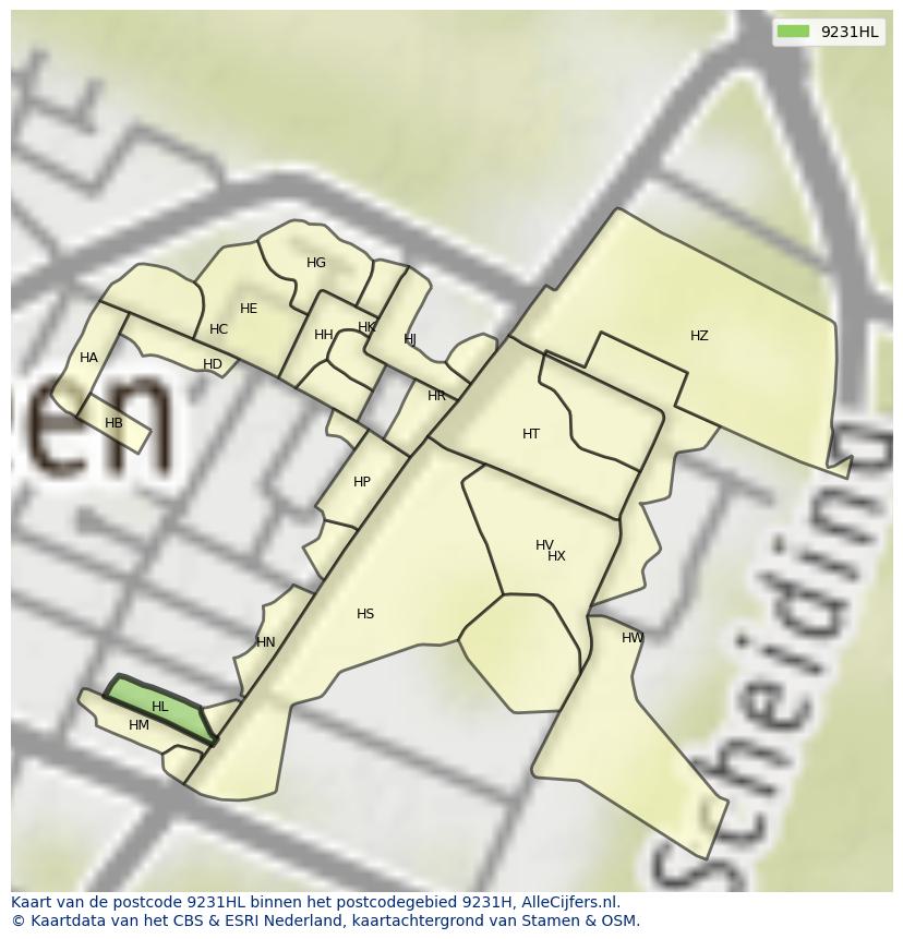 Afbeelding van het postcodegebied 9231 HL op de kaart.