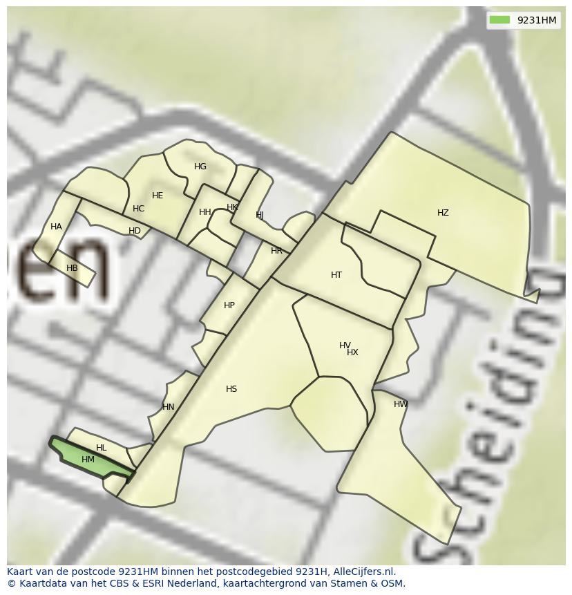 Afbeelding van het postcodegebied 9231 HM op de kaart.