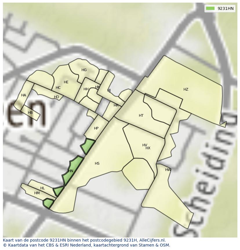 Afbeelding van het postcodegebied 9231 HN op de kaart.