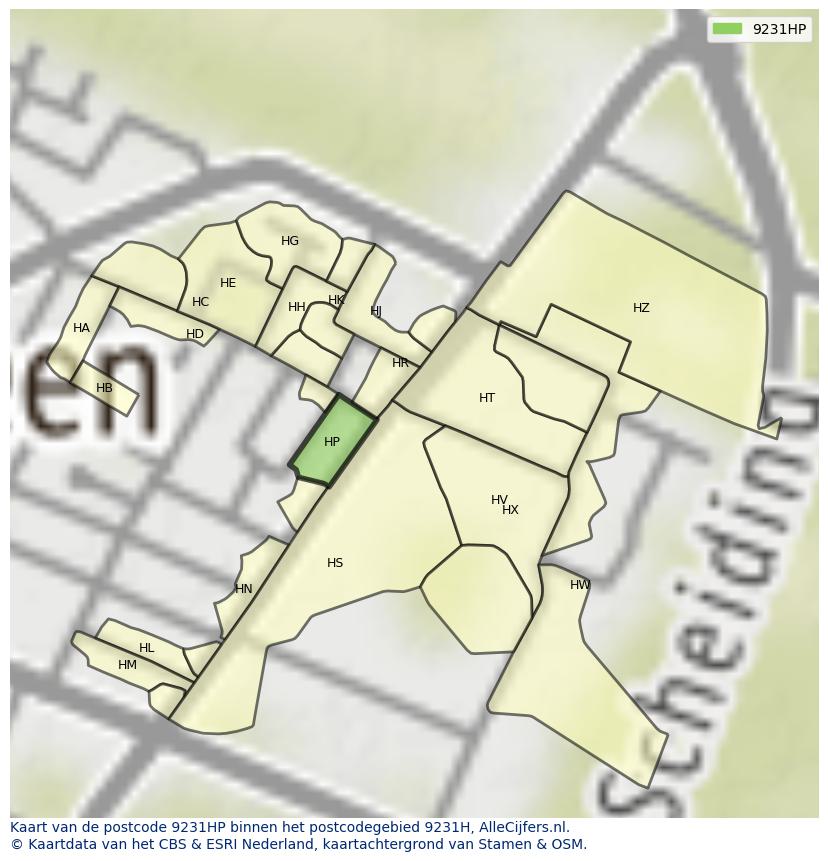 Afbeelding van het postcodegebied 9231 HP op de kaart.