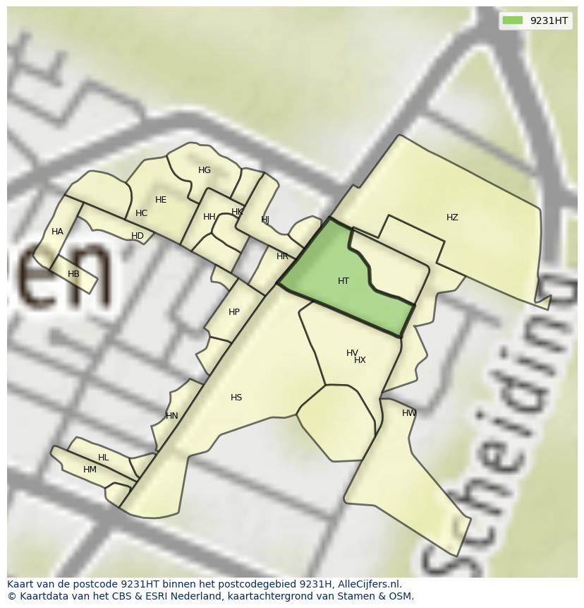 Afbeelding van het postcodegebied 9231 HT op de kaart.