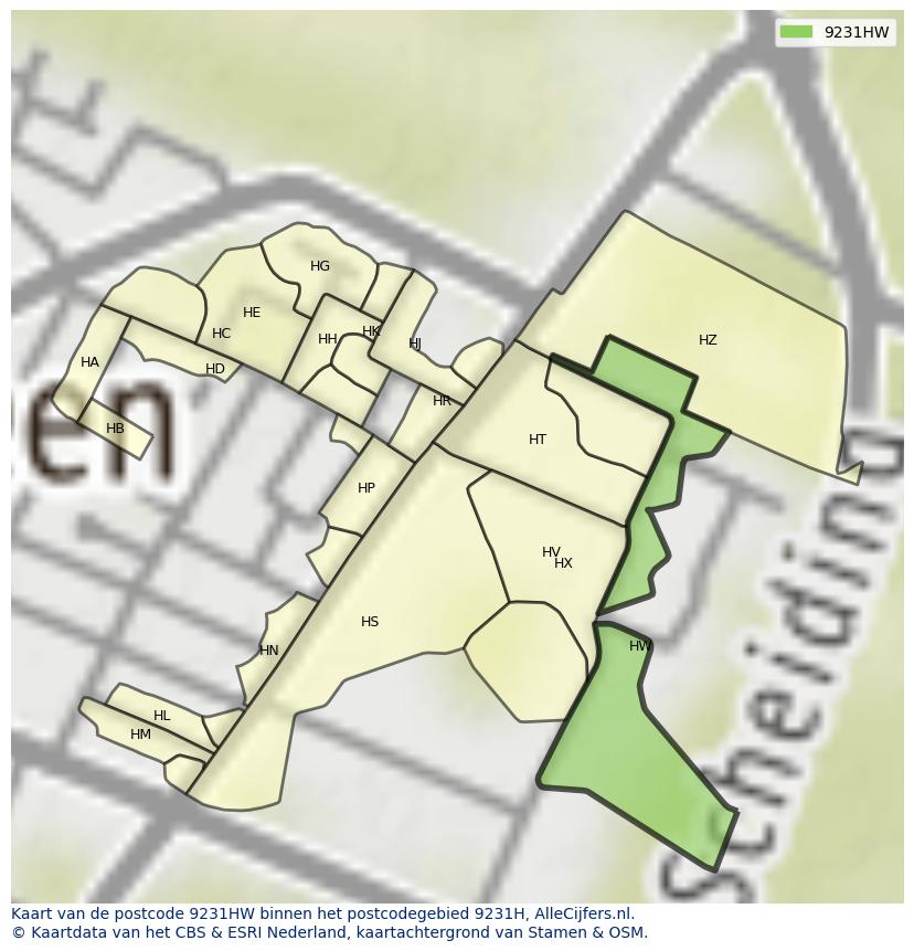 Afbeelding van het postcodegebied 9231 HW op de kaart.