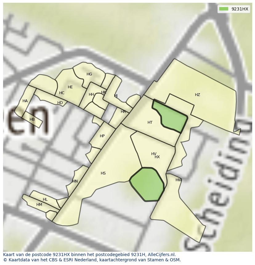 Afbeelding van het postcodegebied 9231 HX op de kaart.