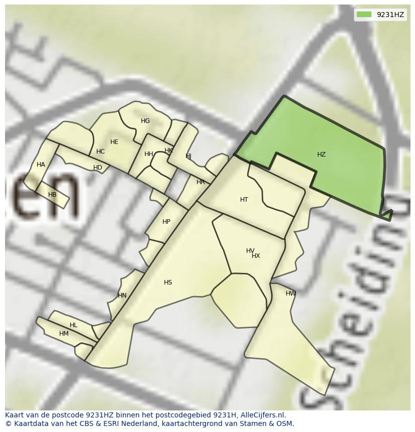 Afbeelding van het postcodegebied 9231 HZ op de kaart.
