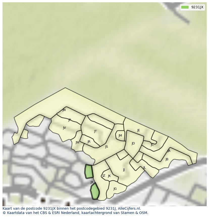 Afbeelding van het postcodegebied 9231 JX op de kaart.