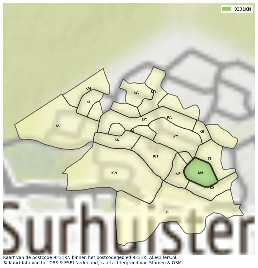 Afbeelding van het postcodegebied 9231 KN op de kaart.