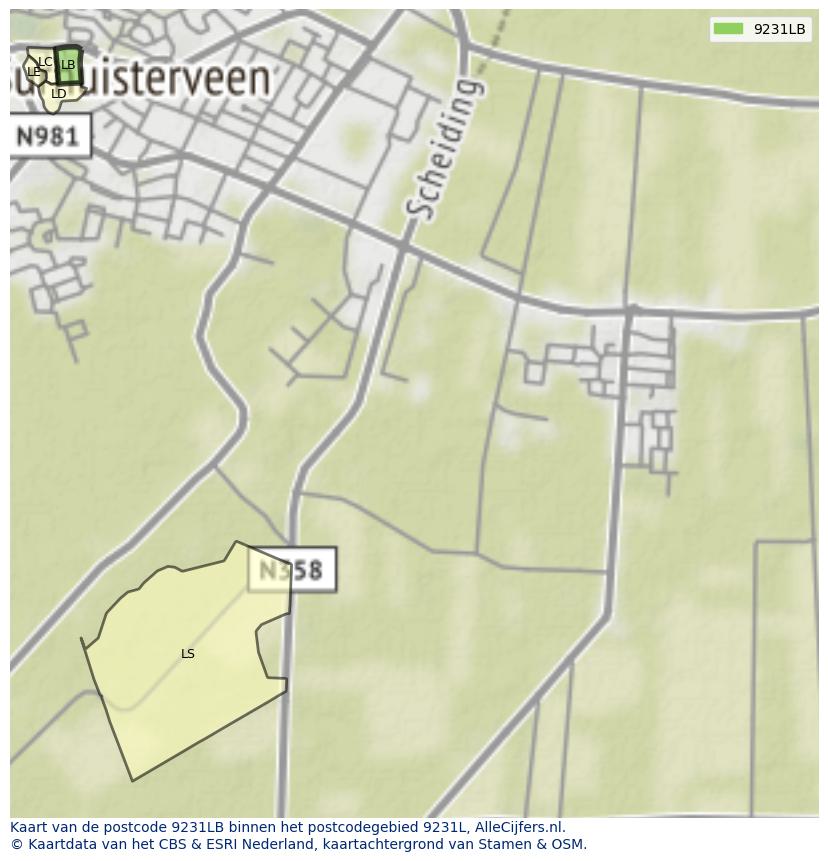 Afbeelding van het postcodegebied 9231 LB op de kaart.