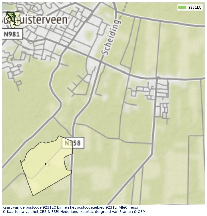 Afbeelding van het postcodegebied 9231 LC op de kaart.