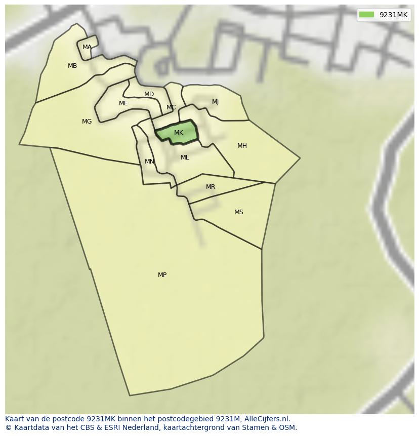 Afbeelding van het postcodegebied 9231 MK op de kaart.