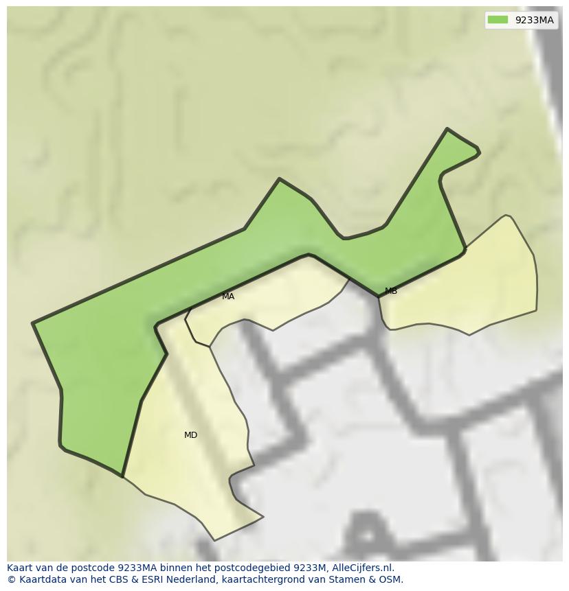Afbeelding van het postcodegebied 9233 MA op de kaart.