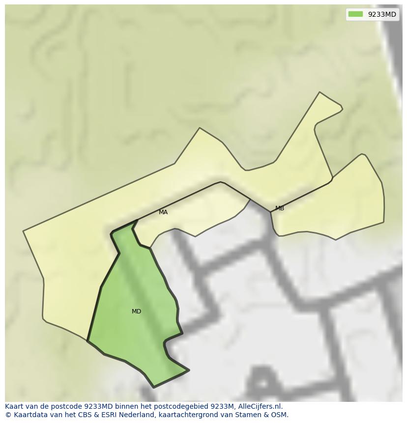 Afbeelding van het postcodegebied 9233 MD op de kaart.
