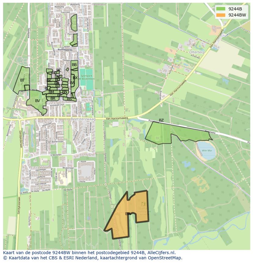 Afbeelding van het postcodegebied 9244 BW op de kaart.