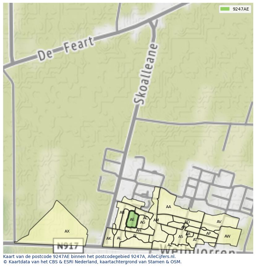 Afbeelding van het postcodegebied 9247 AE op de kaart.