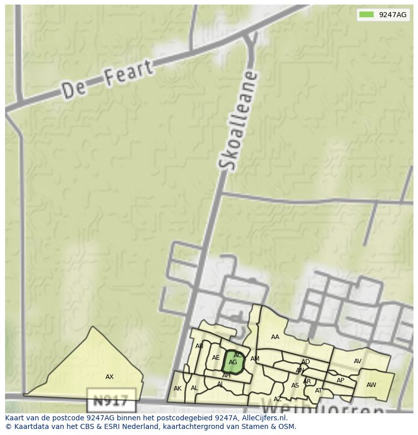 Afbeelding van het postcodegebied 9247 AG op de kaart.