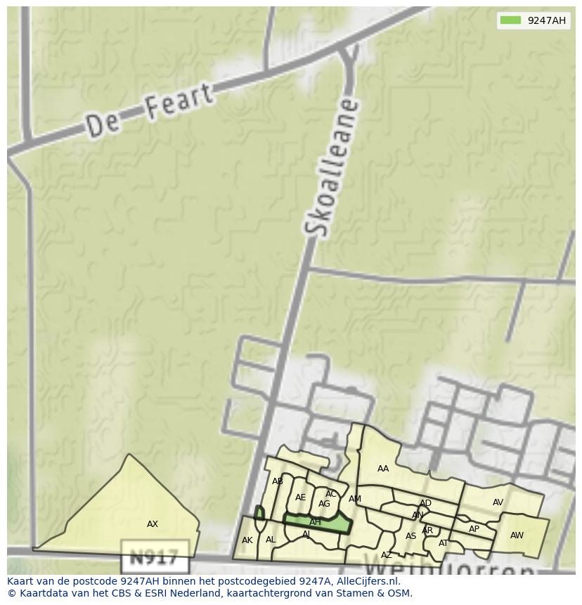 Afbeelding van het postcodegebied 9247 AH op de kaart.
