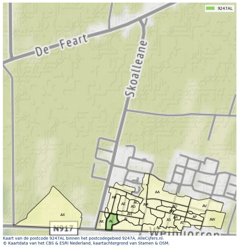 Afbeelding van het postcodegebied 9247 AL op de kaart.