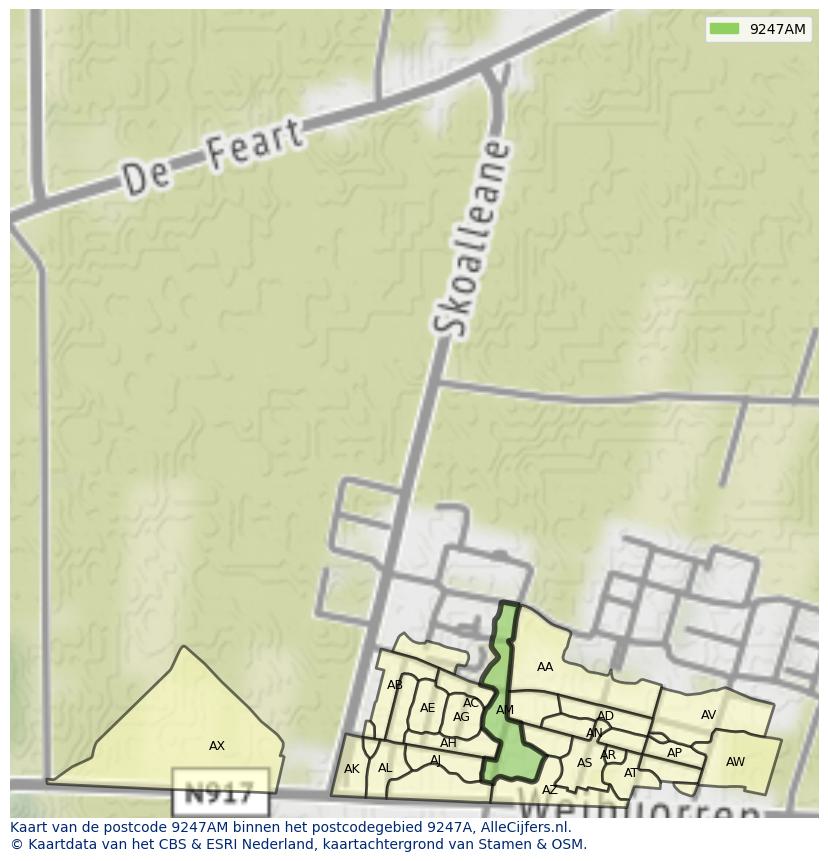 Afbeelding van het postcodegebied 9247 AM op de kaart.