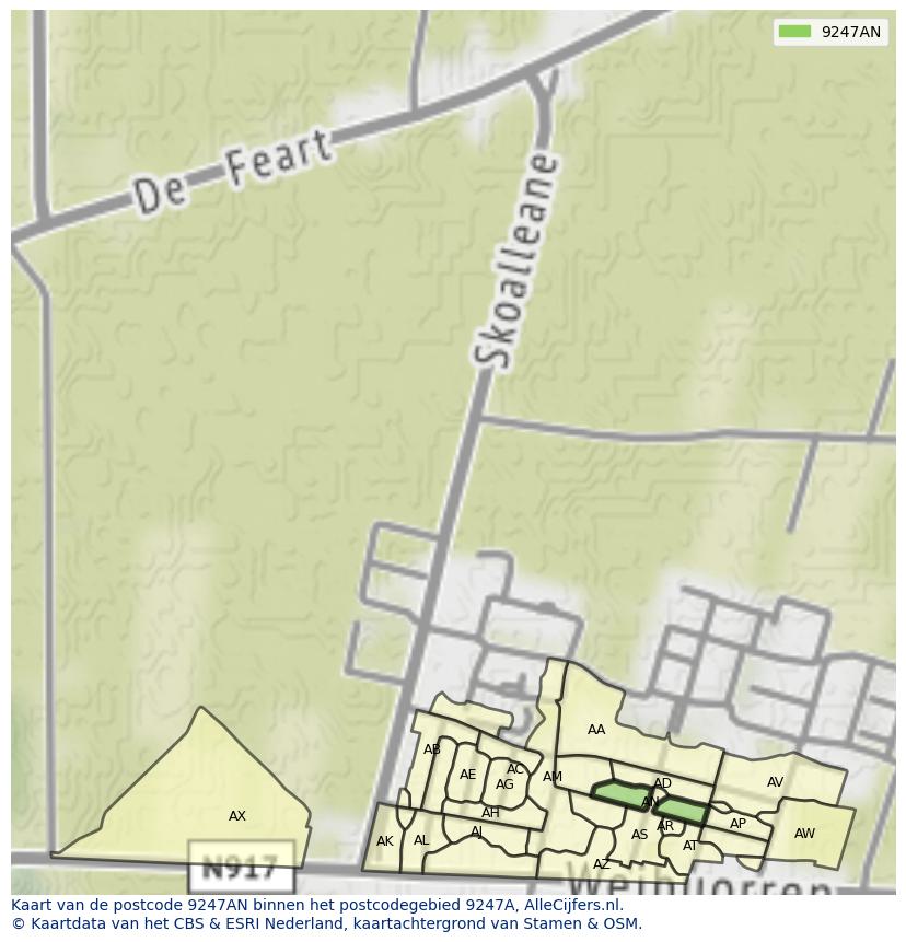 Afbeelding van het postcodegebied 9247 AN op de kaart.
