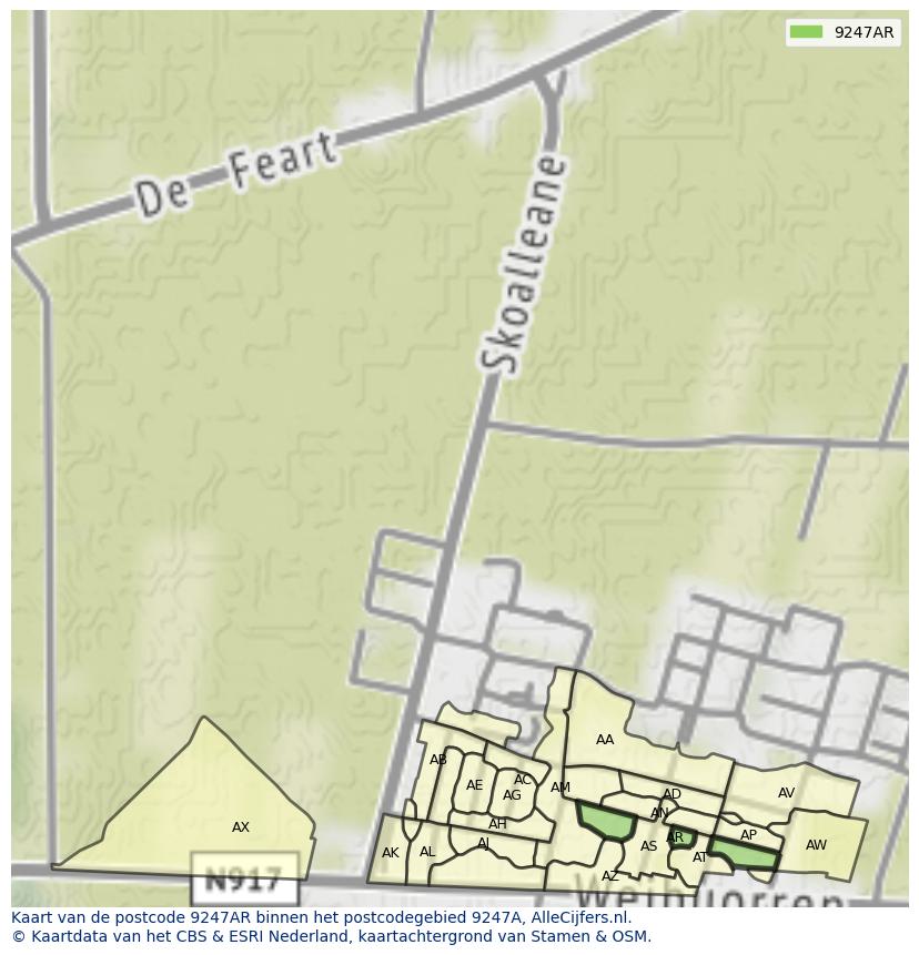 Afbeelding van het postcodegebied 9247 AR op de kaart.
