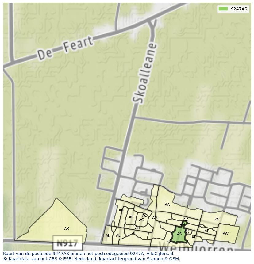 Afbeelding van het postcodegebied 9247 AS op de kaart.