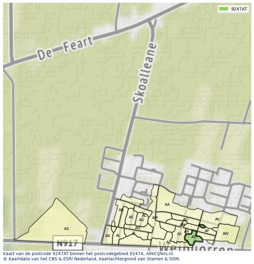Afbeelding van het postcodegebied 9247 AT op de kaart.