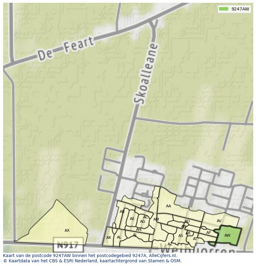 Afbeelding van het postcodegebied 9247 AW op de kaart.