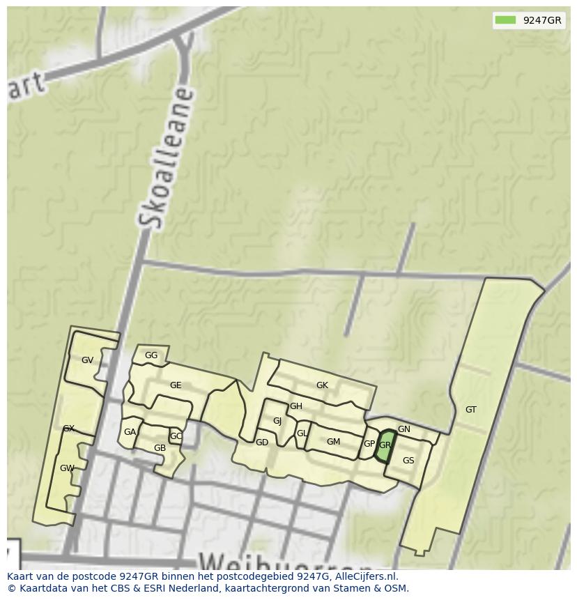 Afbeelding van het postcodegebied 9247 GR op de kaart.