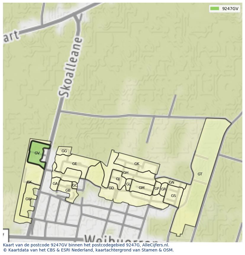 Afbeelding van het postcodegebied 9247 GV op de kaart.