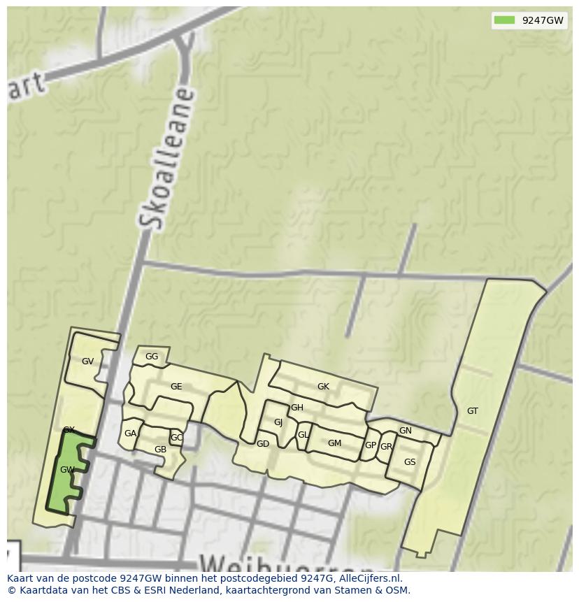 Afbeelding van het postcodegebied 9247 GW op de kaart.