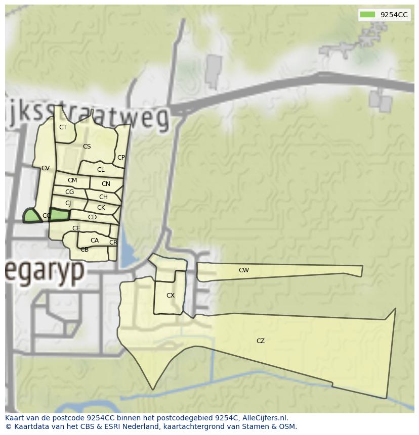 Afbeelding van het postcodegebied 9254 CC op de kaart.