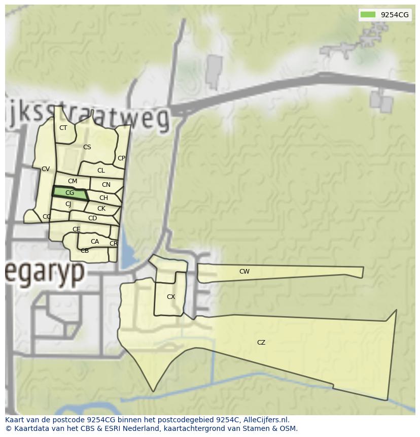Afbeelding van het postcodegebied 9254 CG op de kaart.