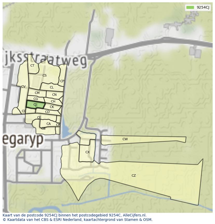 Afbeelding van het postcodegebied 9254 CJ op de kaart.