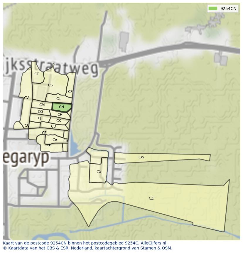Afbeelding van het postcodegebied 9254 CN op de kaart.