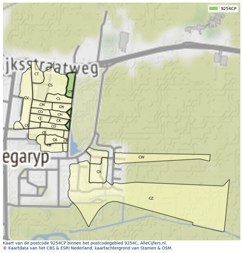 Afbeelding van het postcodegebied 9254 CP op de kaart.