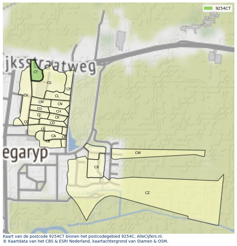 Afbeelding van het postcodegebied 9254 CT op de kaart.