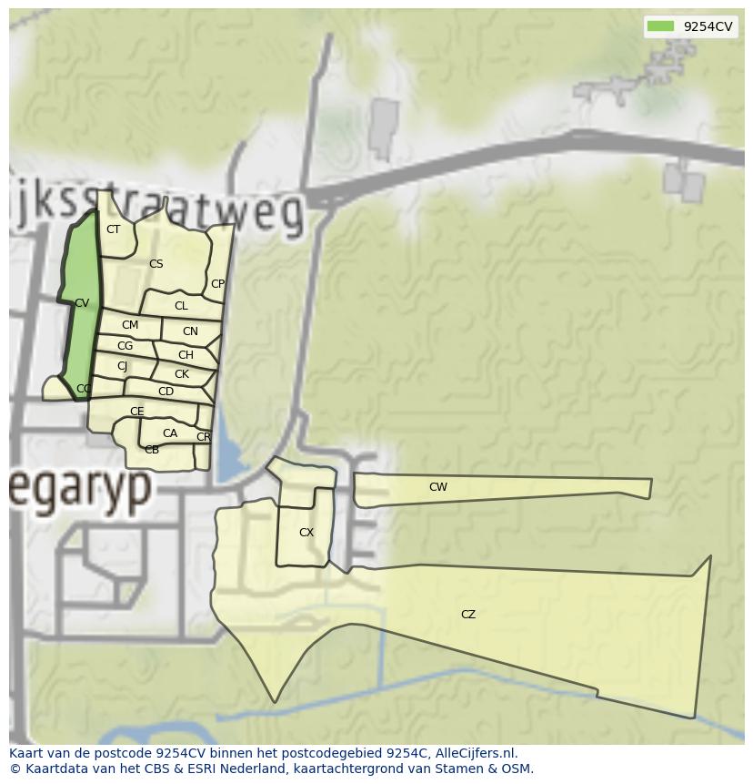 Afbeelding van het postcodegebied 9254 CV op de kaart.