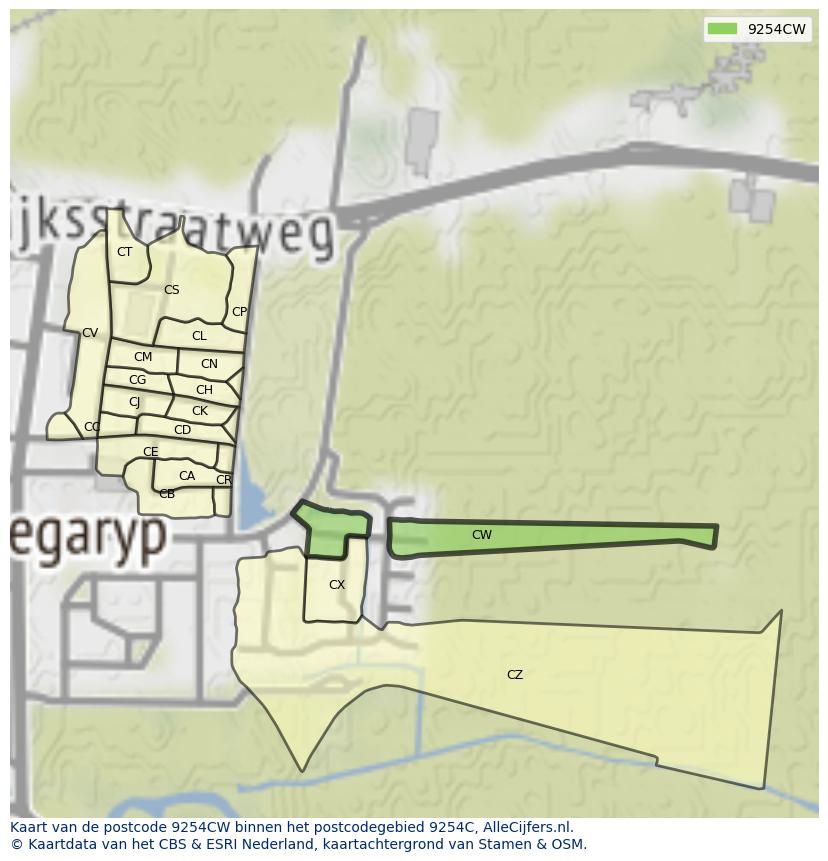 Afbeelding van het postcodegebied 9254 CW op de kaart.