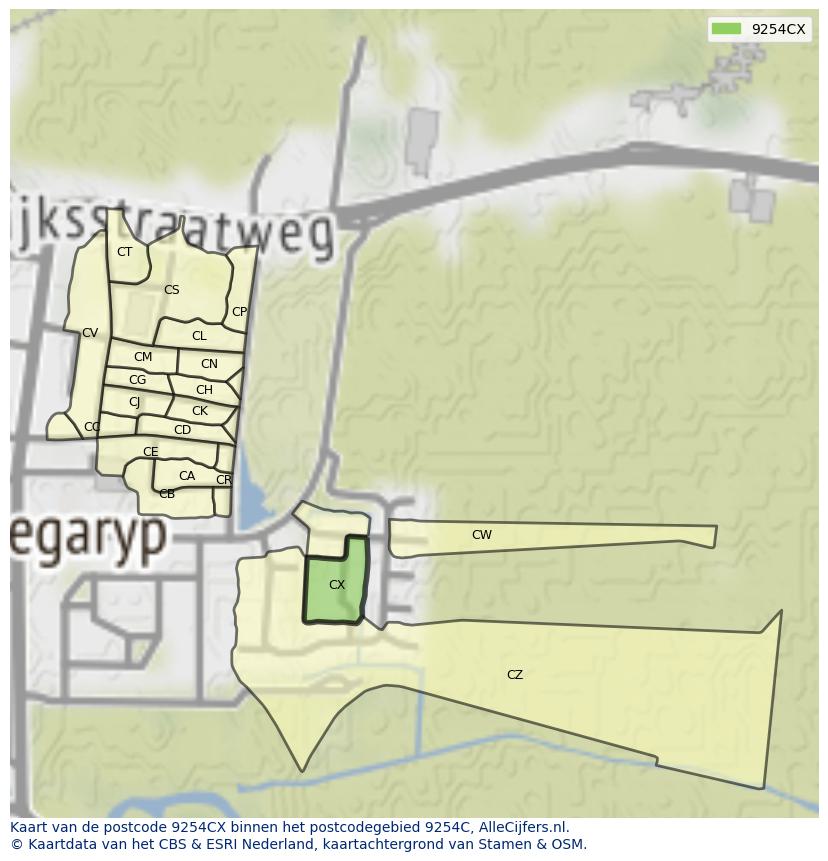 Afbeelding van het postcodegebied 9254 CX op de kaart.