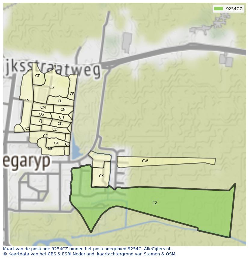 Afbeelding van het postcodegebied 9254 CZ op de kaart.