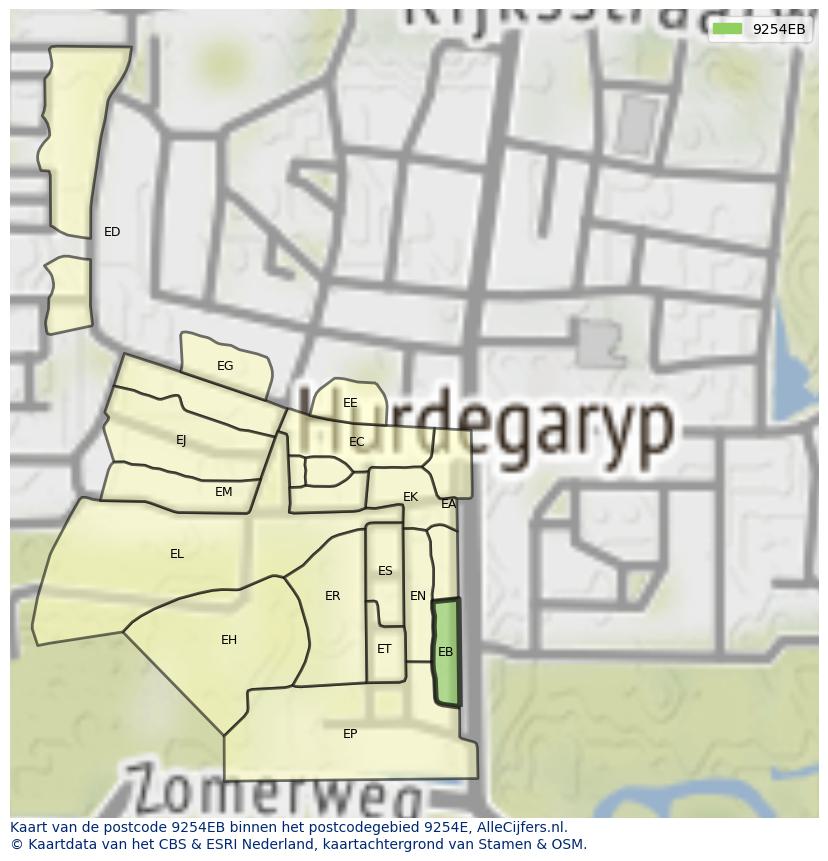 Afbeelding van het postcodegebied 9254 EB op de kaart.