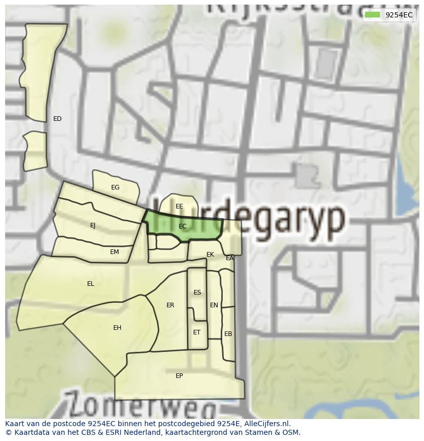 Afbeelding van het postcodegebied 9254 EC op de kaart.