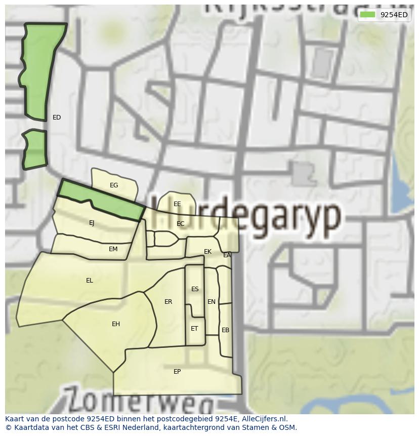Afbeelding van het postcodegebied 9254 ED op de kaart.