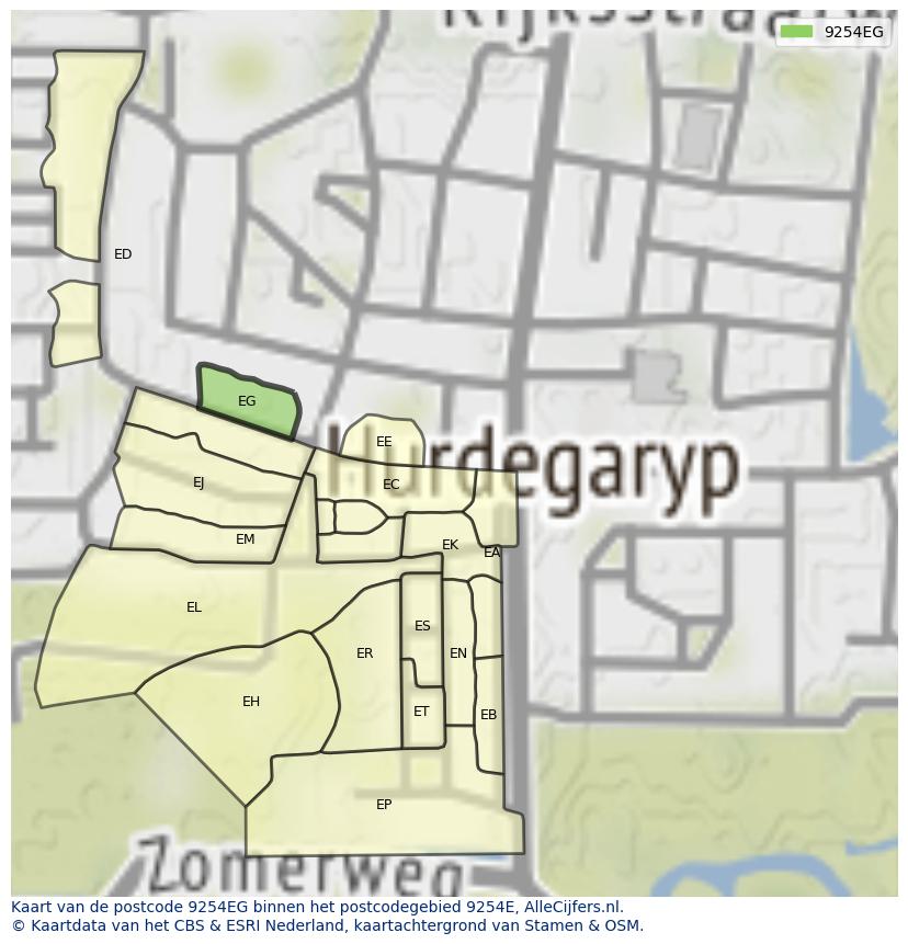 Afbeelding van het postcodegebied 9254 EG op de kaart.