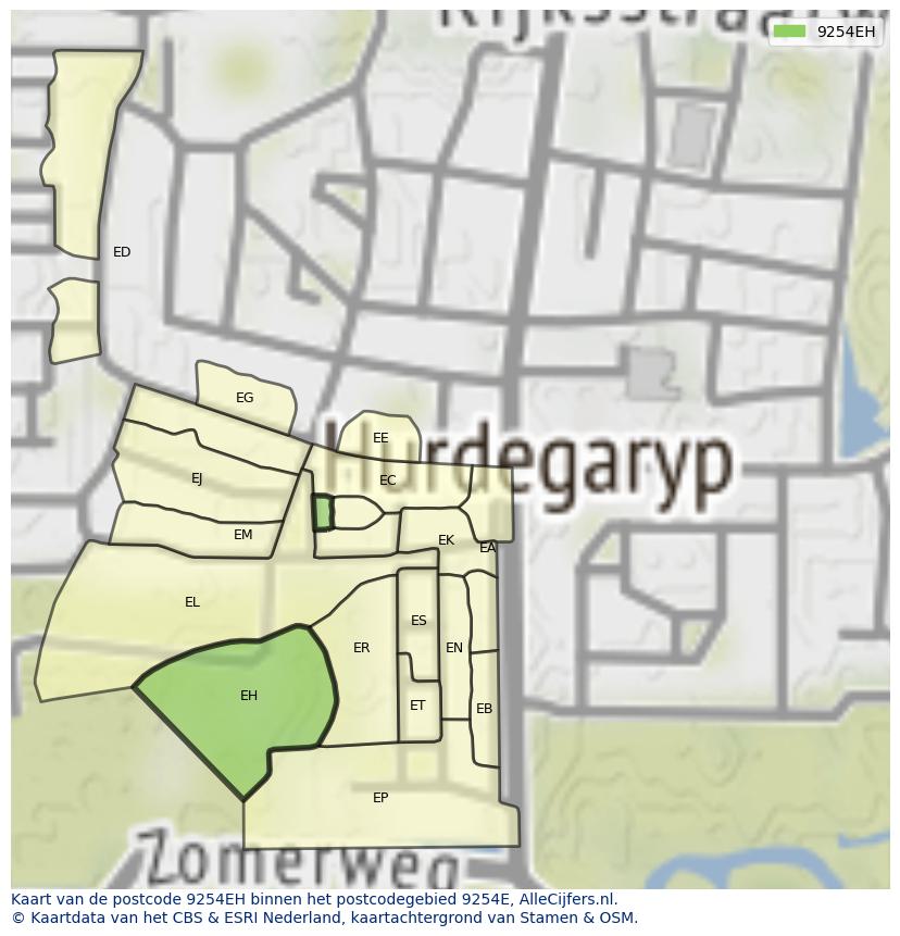 Afbeelding van het postcodegebied 9254 EH op de kaart.
