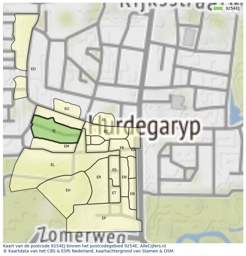 Afbeelding van het postcodegebied 9254 EJ op de kaart.